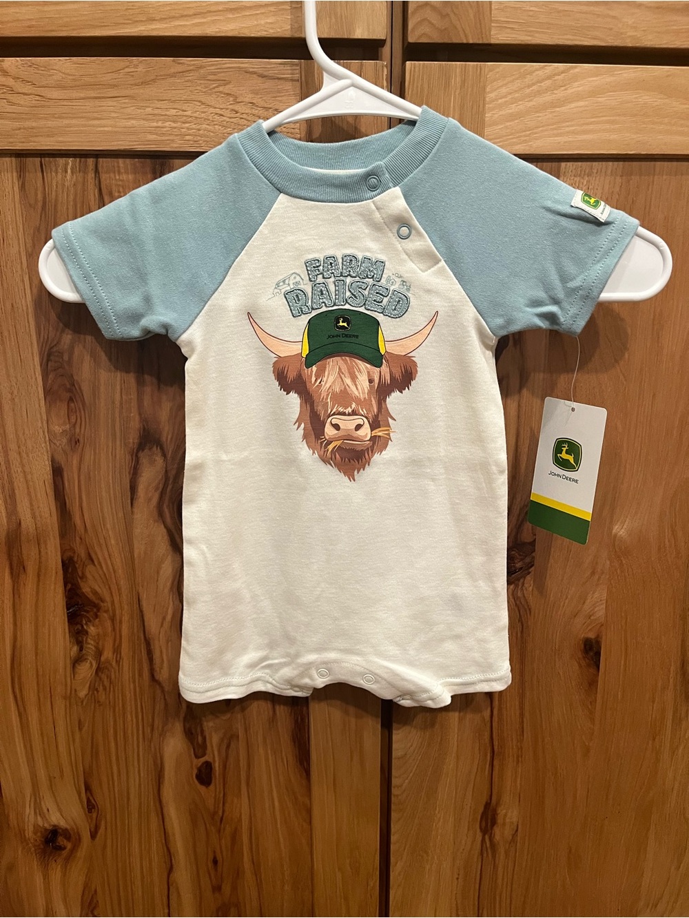 John Deere Baby Raglan Romper in Light Blue and Cream with Farm Raised Graphic